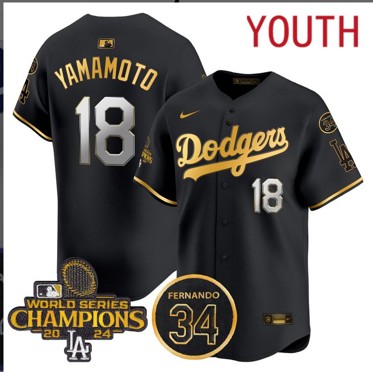 Youth  MLB Los Angeles Dodgers #18 Yamamoto black 2024 World Series Champions Patch Limited Jersey